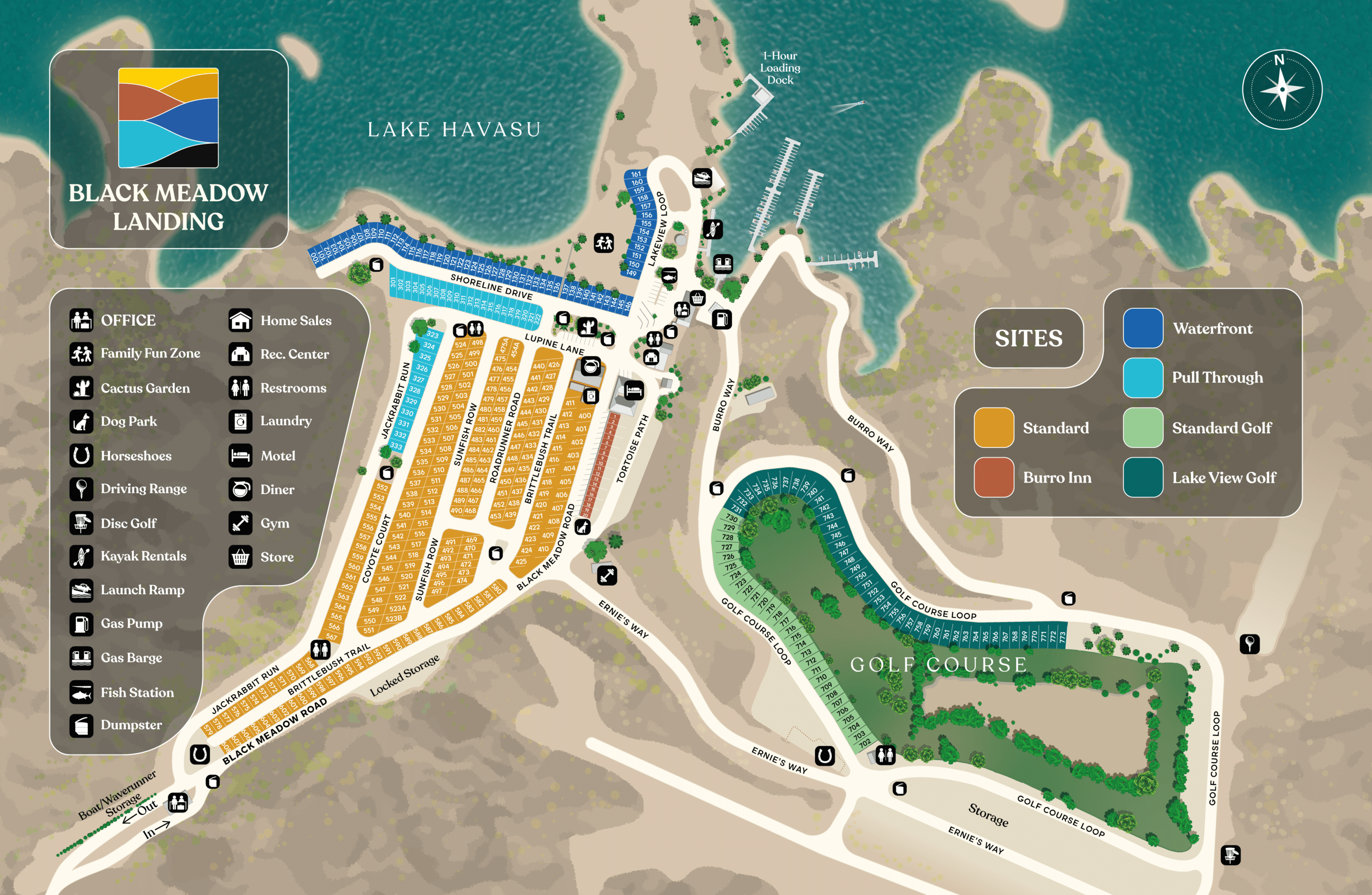 Exploring Black Meadow Landing resort map of beaches<br />
and boat ramps.<br />